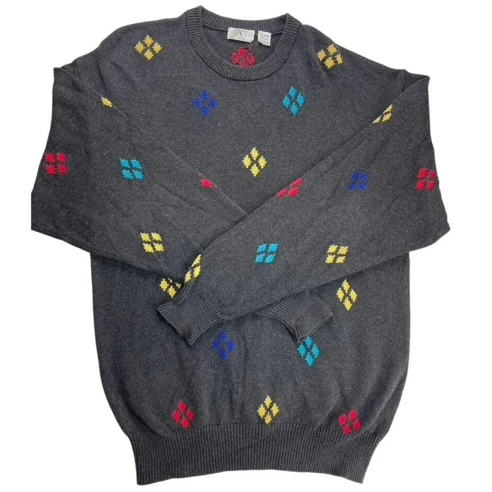 Vintage VALENTINO UOMO Mens Sweater (M) Gray Cotton Diamonds Dad Grandpa 90s Ski